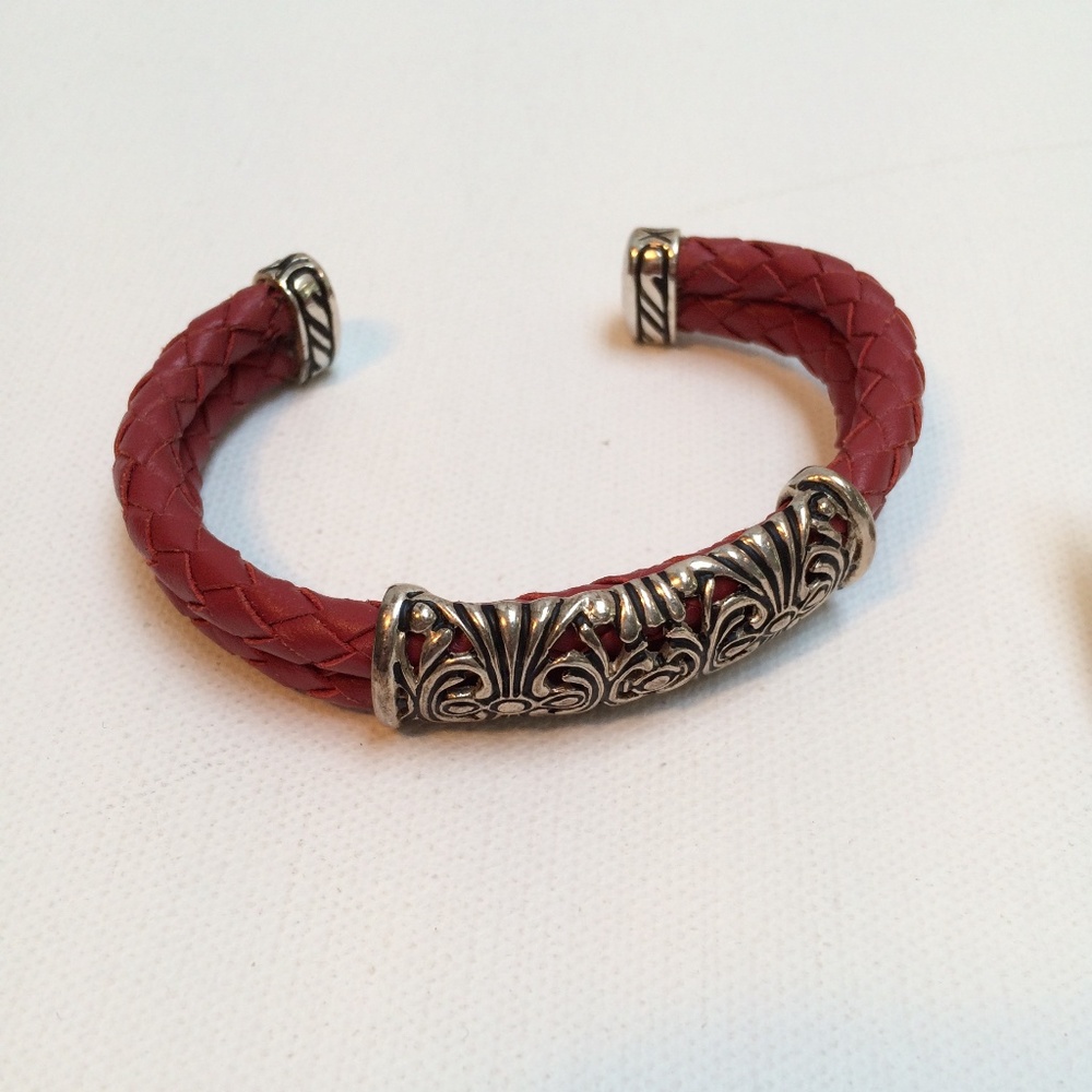 Unisex Cuff Bracelet-Sterling Silver, Red Leather